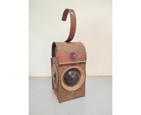 Railway paraffin warning lamp contained in red oxide painted carry case with Kenyons Serilight lenses. Approximately 46cm hig