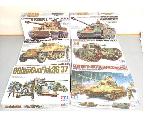 Tamiya. Group of 1:35 scale models to include German Tiger I Tank No 194, Tank Destroyer Jagdpanther No 203, German King Tige