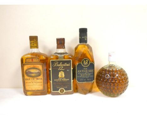 Four bottles of blended Scotch whisky to include ISLE OF SKYE 8 year old 75cl 40% abv. THE ANTIQUARY 70cl 40% abv. BALLANTINE