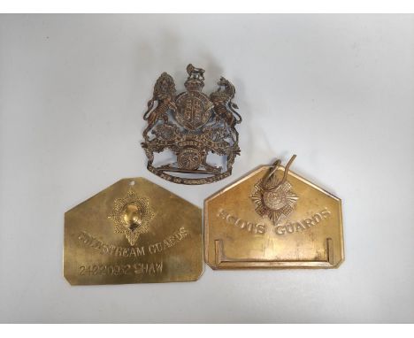 British Army Royal Artillery Victorian officer's helmet plate height 10cm. Also two military brass bed plates for the Coldstr