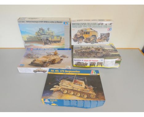 Five 1:35 scale boxed model construction kits to include a Trumpeter British Challenger 2 MBT 00345, a Tamiya British 25pdr F