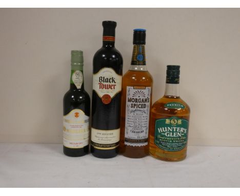 HUNTERS GLEN 5 year old premium deluxe Scotch whisky 40% abv. 70cl, MORGANS SPICED rum 35% abv. 70c;, BLACK TOWER 1999 Rivane