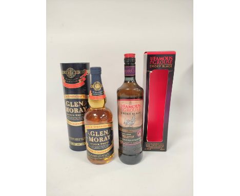Glen Moray single Speyside malt Scotch whisky, 70cl, 40% vol, tubed, with The Famous Grouse smoky black blended Scotch whisky