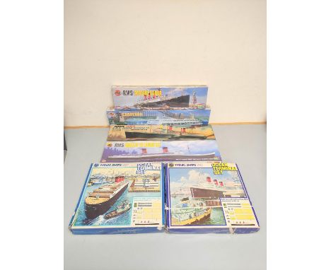 Group of model ship construction kits to include three sealed 1:600 scale Airfix sets to include R.M.S Mauretania 04207, S.S 