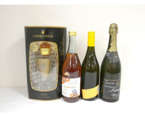 LANSON Black Label Champagne no abv. or vol. stated, Prosecco 10% abv. 70cl, LAMBRUSCO Rose 5.5% abv. 75cl and COURVOISIER VS