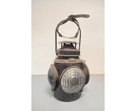 Three way railway signal lamp "The Adlake non sweating lamp" contained in black painted carry case, approximately 46cm high. 