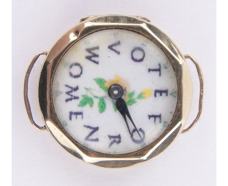 A rare 9ct gold lady's Suffragette wristwatch,"Vote For Women" enamel dial, circa 1910, case width 20mm, no winder.