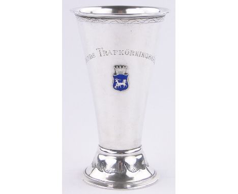 A Swedish silver spill vase,with applied enamel crest, 1911, height 13cm, 3.8 oz.