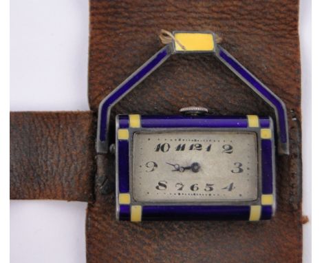 A miniature Art Deco silver and blue and yellow enamel cased pendant watch,by Juvenia, case width 30mm in original leather po