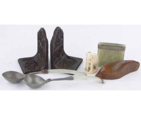 A group of Oriental items,including a relief carved jade box, height 9cm, pair of lacquered bookends, jade handled serving sp