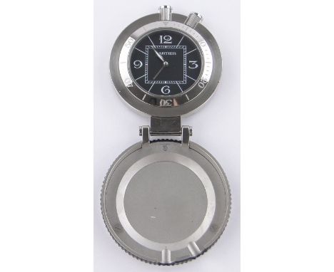 A modern Cartier stainless steel cased travelling alarm clock,case width 60 mm