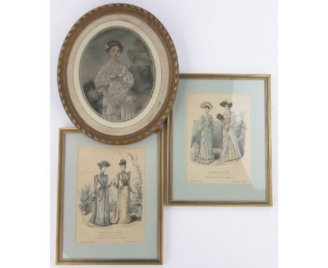 A pair of 19th century French hand coloured lithograph fashion studies,image size 33cm x 24cm and a 19th century watercolour 
