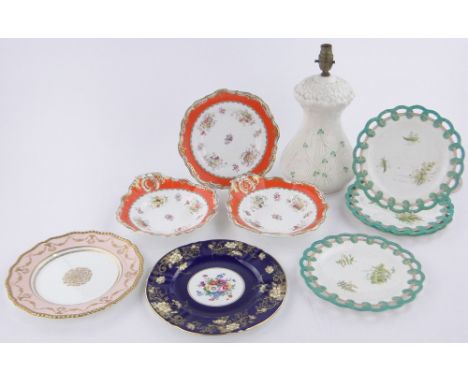 A group of ceramics,including a Belleek relief decorated pottery table lamp, base height 27cm, 3 Copeland serving plates, etc