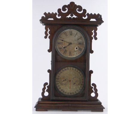 An unusual 19th century continental walnut cased mantel clock,with secondary full calendar dial, height 69cm, dial 19cm diame