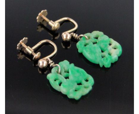 A pair of Chinese carved and pierced jade and high carat gold screw-on earrings,indistinct continental marks, panel height 16