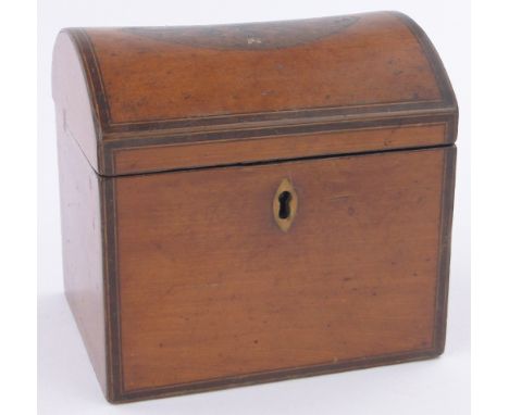 A 19th century satinwood dome top caddy,with inlaid leaf decorated marquetry panel, length 12cm, height 11.5cm.