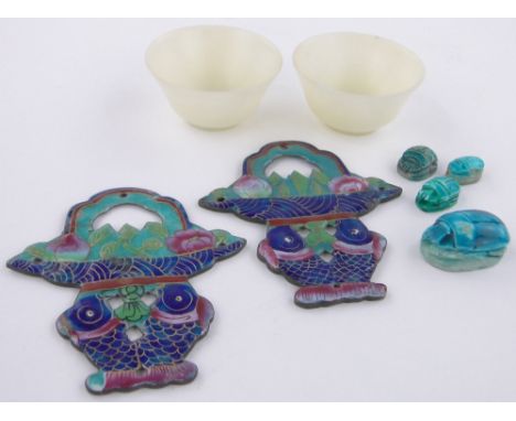 A group of Oriental items,including 2 Chinese painted enamel and metal pendants, height 8.5cm, pair of jade tea bowls, diamet