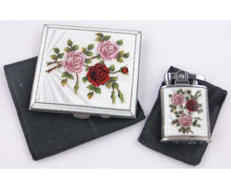 A 1950s silver and pearl-enamel cigarette case and matching pocket lighter,with handpainted rose enamel design, Birmingham 19