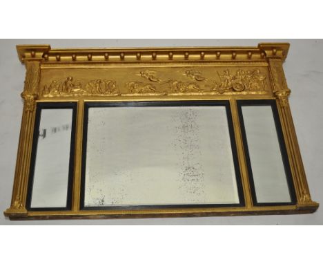 A 19th century carved giltwood triple over mantel mirror,with classical scene decoration and cluster columns, width 4'1", hei