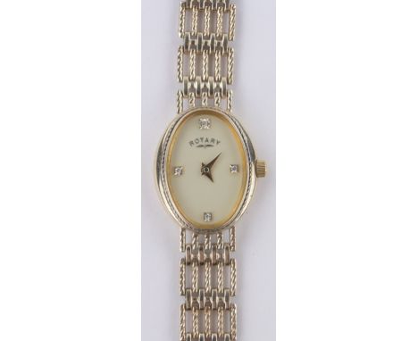 A lady's Rotary 9ct gold cased wristwatch,9ct gatelink strap, case width 15mm, gross weight 15.9g.