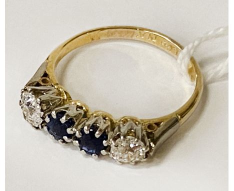 18CT GOLD SAPPHIRE &amp; DIAMOND RING - SIZE N/O - 3.6 GRAMS APPROX