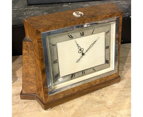 ART DECO MANTLE CLOCK WITH A WALNUT EFFECT &amp; ENAMEL PORTRAIT TO THE TOP - 20CM TALL X 30CM WIDE -WORKING