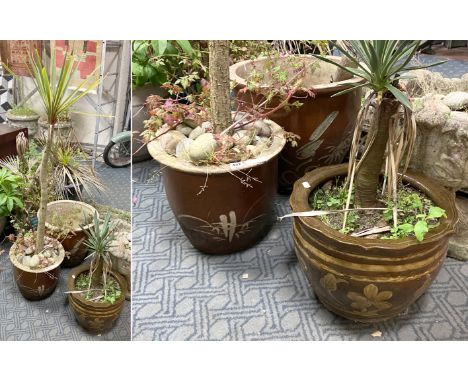 THREE BROWN CERAMIC POTS