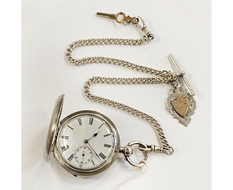 HM SILVER BENSON FULL HUNTER POCKET WATCH WITH SILVER ALBERT CHAIN &amp; FOB