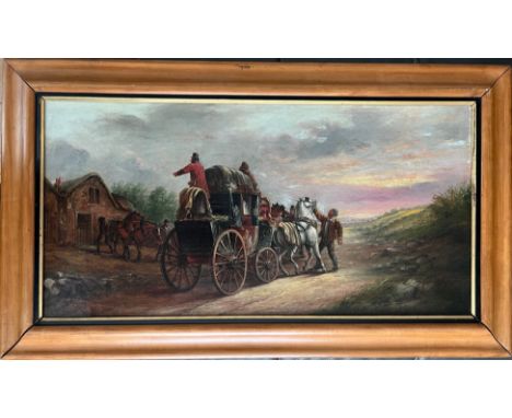 John Charles Maggs (1819-1896). Oil on canvas. “Liverpool Mail Coach and Horses”. Signed.Measures 36cm x 69cm.Condition Repor