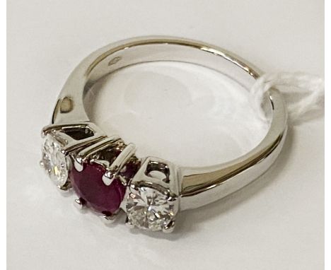 18CT WHITE GOLD NATURAL RUBY &amp; DIAMOND RING - SIZE M - 4.9 GRAMS APPROX