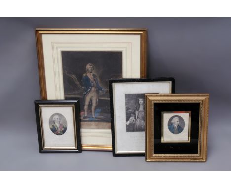 A late 18th Century hand coloured mezzotint portrait of Admiral Lord Nelson together with four other antique portrait prints.