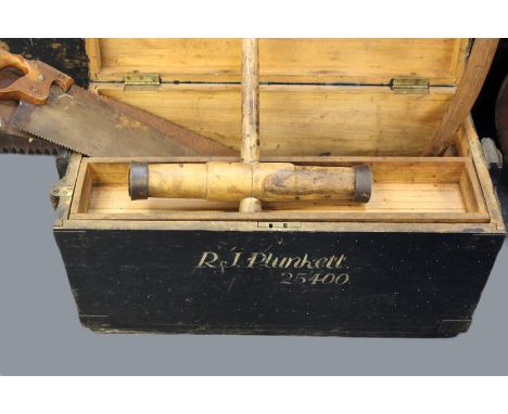 An Antique pine shipwrights tool chest and various related tools.