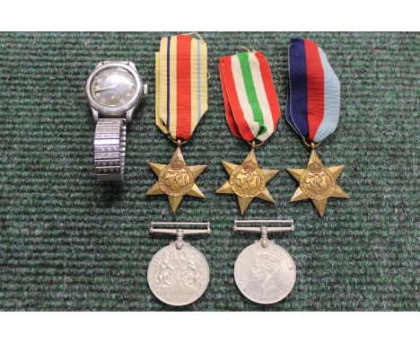 A group of five WWII Military Medals. together with military issue Cyma Wristwatch marked with broad arrow and inscribed WWW 