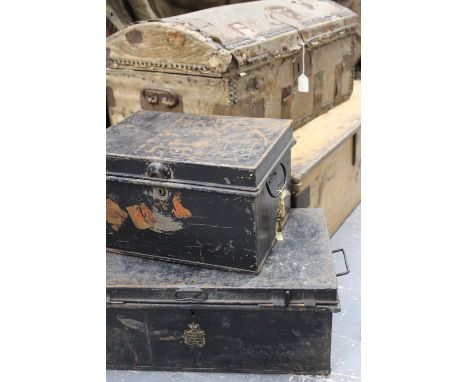 A Vintage pine painted shipwrights tool box. 70cm long and two Tole ware boxes. One brass mounted and labelled J Linney &amp;