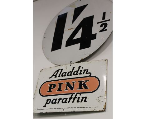 Aladin paraffin enamel sign and a pump price sign