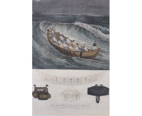 An early 19th Century hand coloured print of “Greatheads Boat, Daniels Life Preserver etc. 27 x 21cm framed.