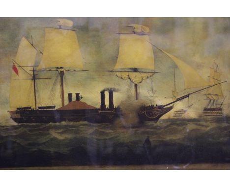 A reverse glass print depicting “H.M. War Steam Frigate “The Terrible” of 1847 tons and 800 horse power”, 52 x 64cm, in maple