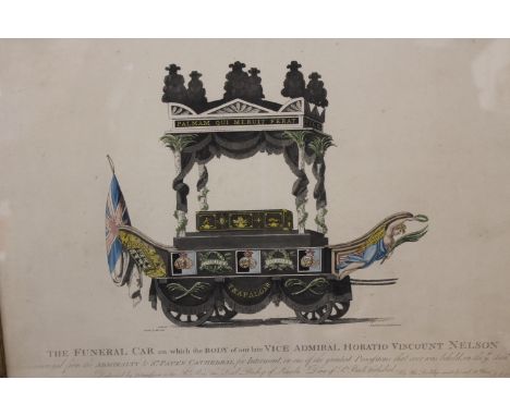 An early 19th Century hand coloured print of the funeral car of Vice Admiral Horatio Viscount Nelson. Printed by R Ackermann.