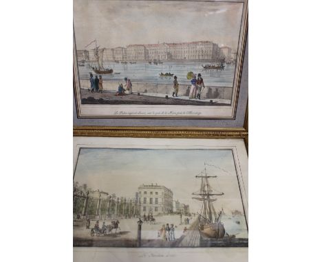 A 19th Century lithograph showing the River Neva and the Hermitage in St Petersburg, Russia, 26 x 35cm together with a furthe