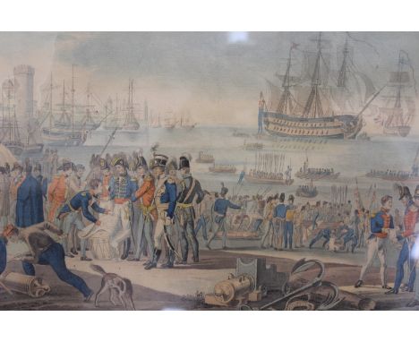 An antique Continental hand coloured print depicting a busy port with numerous British naval ships and personnel. 41 x 53cm.