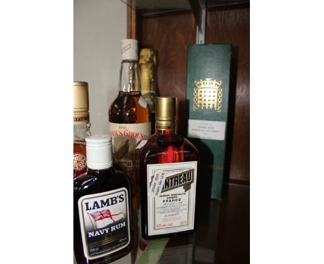 Bottle House of Commons Scotch whiskey, a bottle Famous Grouse whiskey, three further bottles of spirits and a bottle of Baby