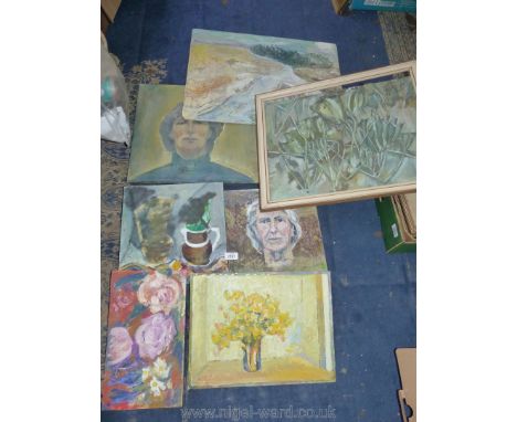 A quantity of unframed oils on board : still lifes, landscapes, portrait etc.