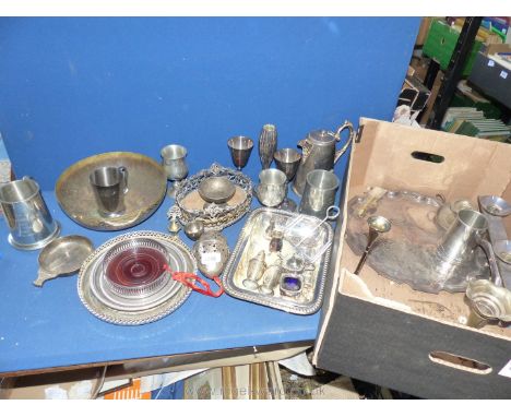A box of plated items to include charger, coffee pot, candlestick, condiment sets, goblets, egg shaped potpourri etc.