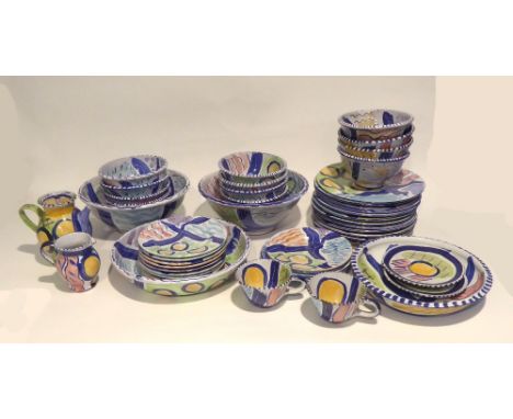 A 45 PIECE "MAJOLICA WORKS" HAND PAINTED PART DINNER SERVICE TO INCLUDE; TWO SERVING BOWLS, TWO SERVING DISHES, A COFFEE POT,