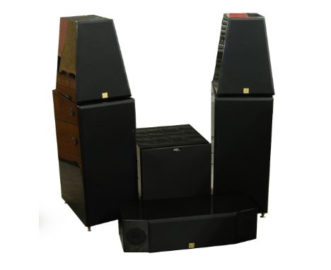 A STYLISH PAIR OF HYPERION HPS-938 FLOOR STANDING SPEAKERS EACH CONTAINED IN TWO CABINETS, A HYPERION HPS-C3 CENTER SPEAKER A