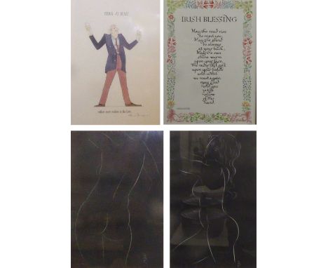 TWO ARTIST STUDIES OF FEMALE NUDES IN WHITE INK ON A BLACK BACKGROUND AND TWO OTHER PRINTS (4)