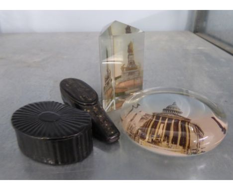 NINETEENTH CENTURY BLACK PAPIER MACHE SMALL OBLONG SNUFF BOX AND TWO GLASS SOUVENIR PAPERWEIGHTS, AND ANOTHER PAPIER MACHE SN