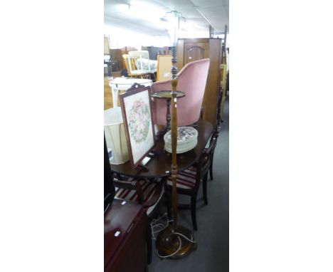 MAHOGANY WINE TABLE, A GRATE SCREEN, AN OVAL FOOTSTOOL AND A STANDARD LAMP (4)  