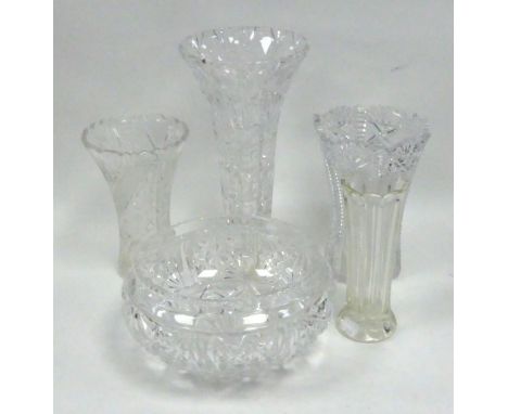 A LARGE CUT GLASS CIRCULAR LIGHT SHADE AND TWO CUT GLASS VASES AND TWO OTHER VASES (5) 