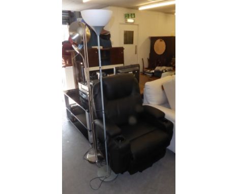 A MODERN BLACK LEATHER RELAX AND RECLINE EASY ARMCHAIR, MOTORISED AND WITH ELECTRIC CONTROL HANDSET AND TWO MODERN BRIGHT MET